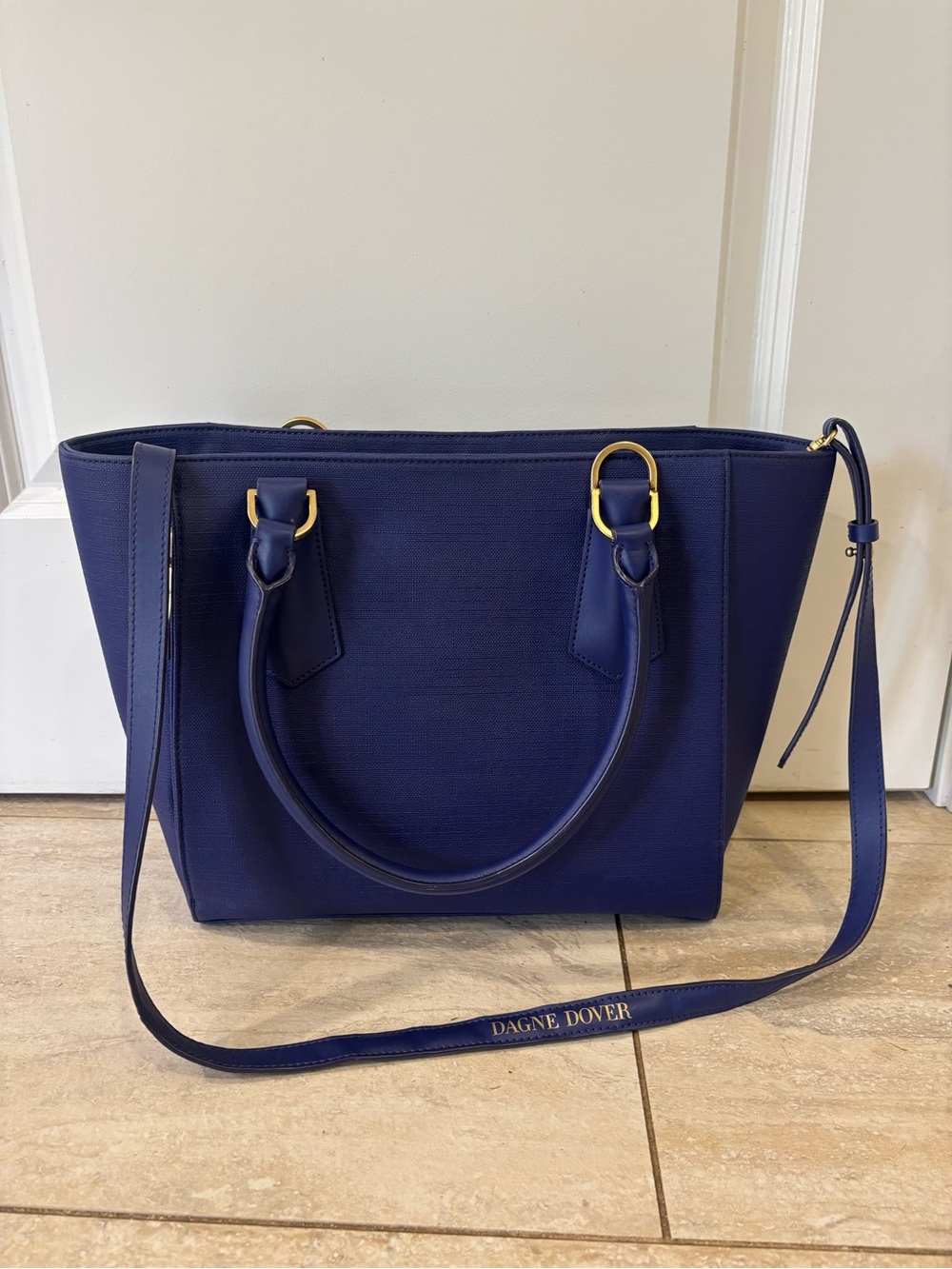 Dagne Dover Deep Navy Structured Tote with Gold Hardware